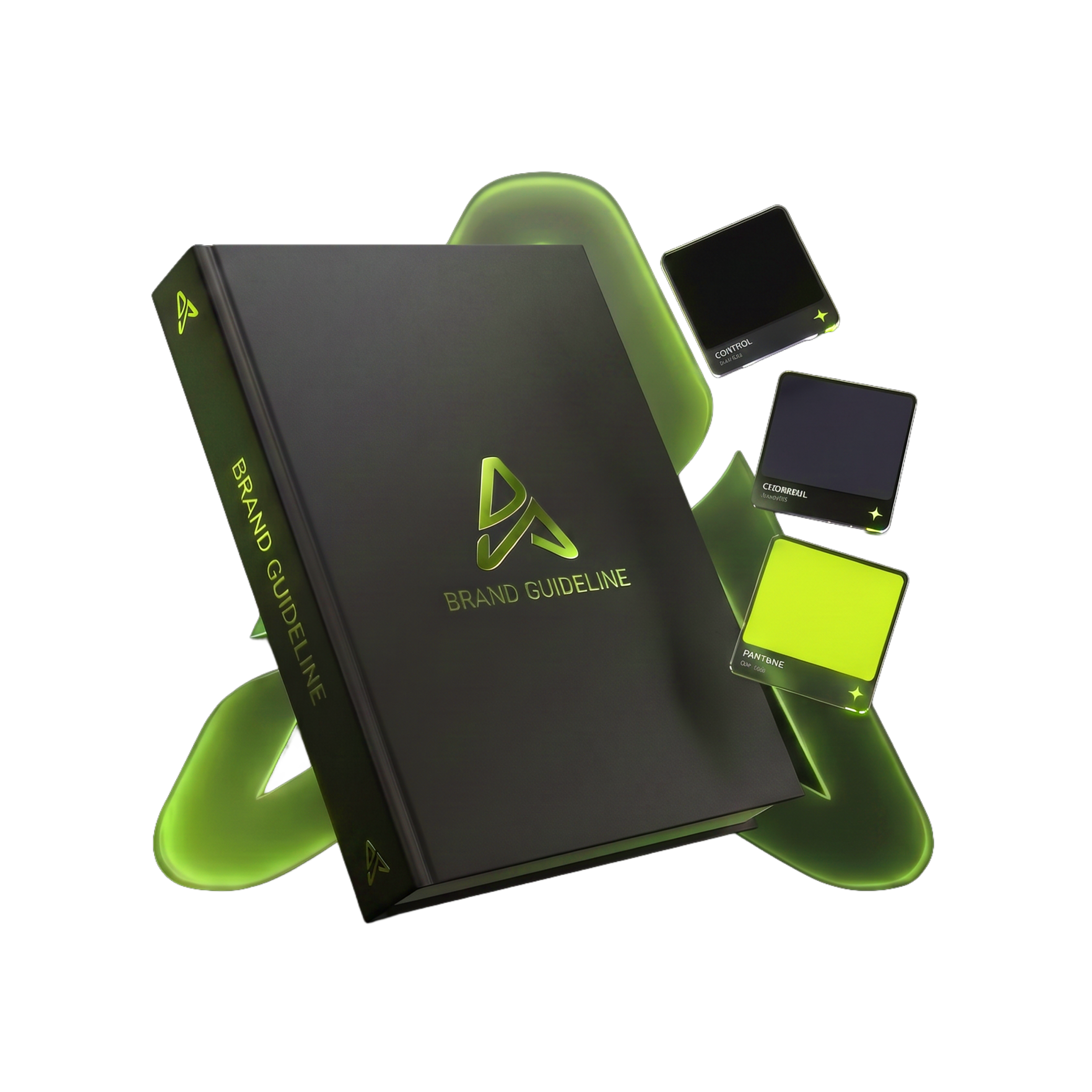 Brand setup visual with guideline book and neon green system cards