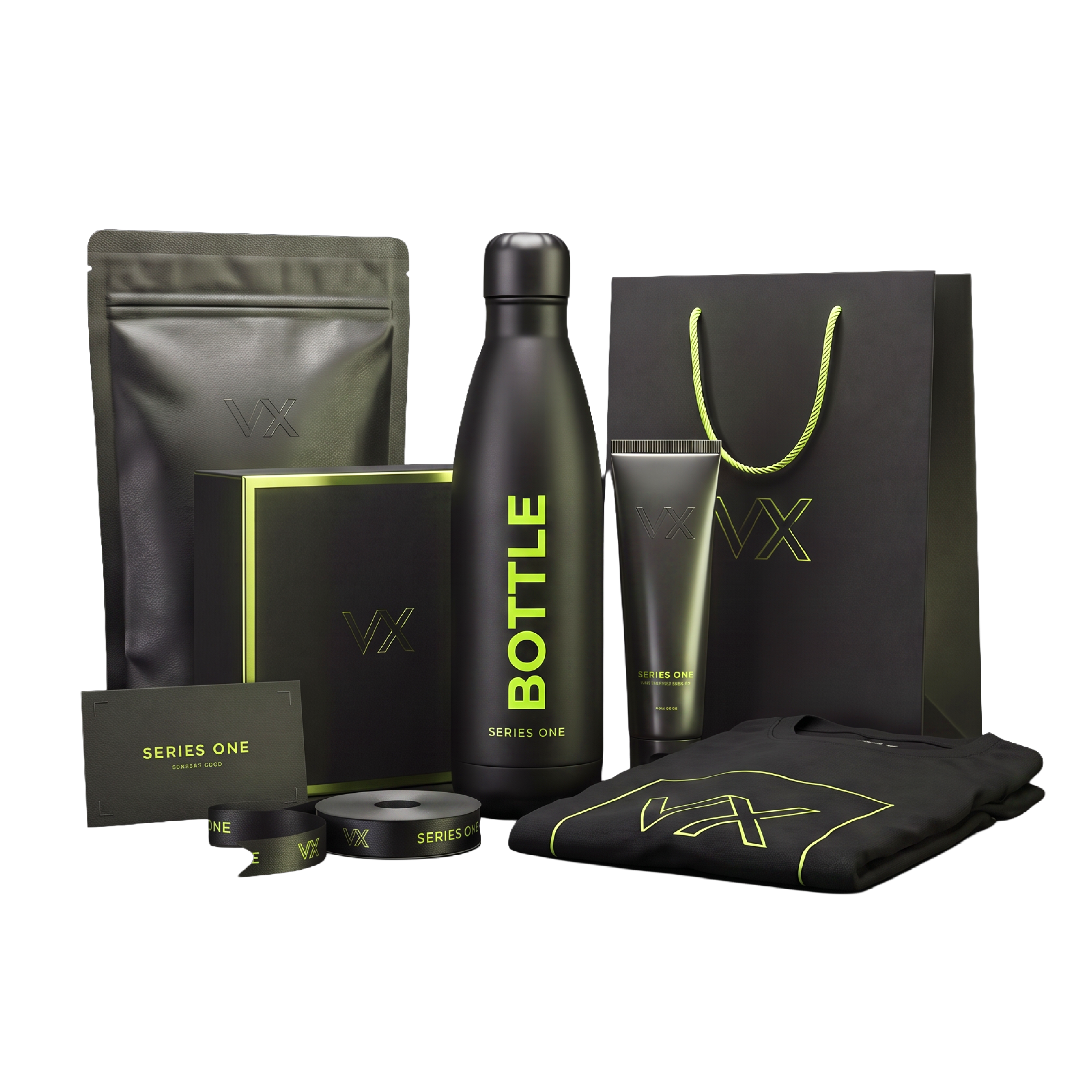 Print and packaging design mockups in neon green and black